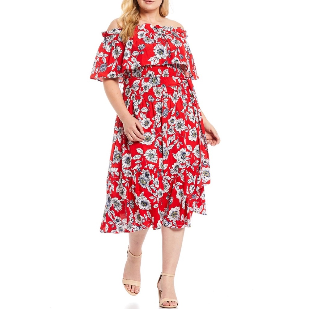 NWT Eliza J Floral Off Shoulder Smocked Midi Dress - Picture 1 of 6